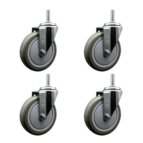 5 Inch Gray Polyurethane Wheel Swivel 34 Inch Threaded Stem Caster Set Service Caster